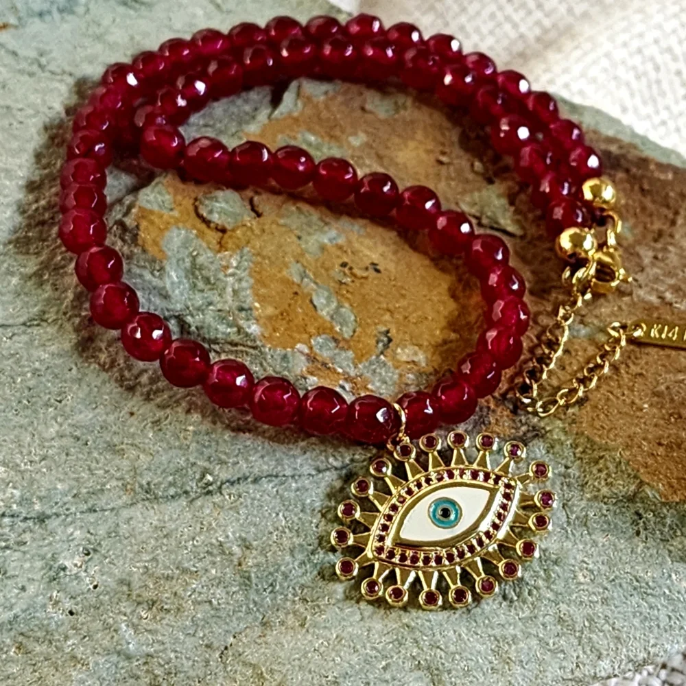 Natural Raw Garnet Stone Hypoallergenic Jewelry 14K Gold plated Eye Pendant